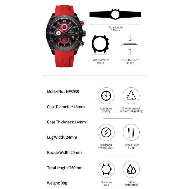 Reloj Naviforce Casual Nf8038 Crono Hombre Goma + Estuche