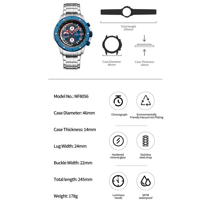 Reloj Naviforce Casual Nf8056 Crono Hombre Acero+ Estuche