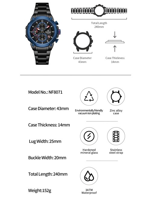 Reloj Naviforce Casual Nf8071 Crono Hombre Acero+ Estuche
