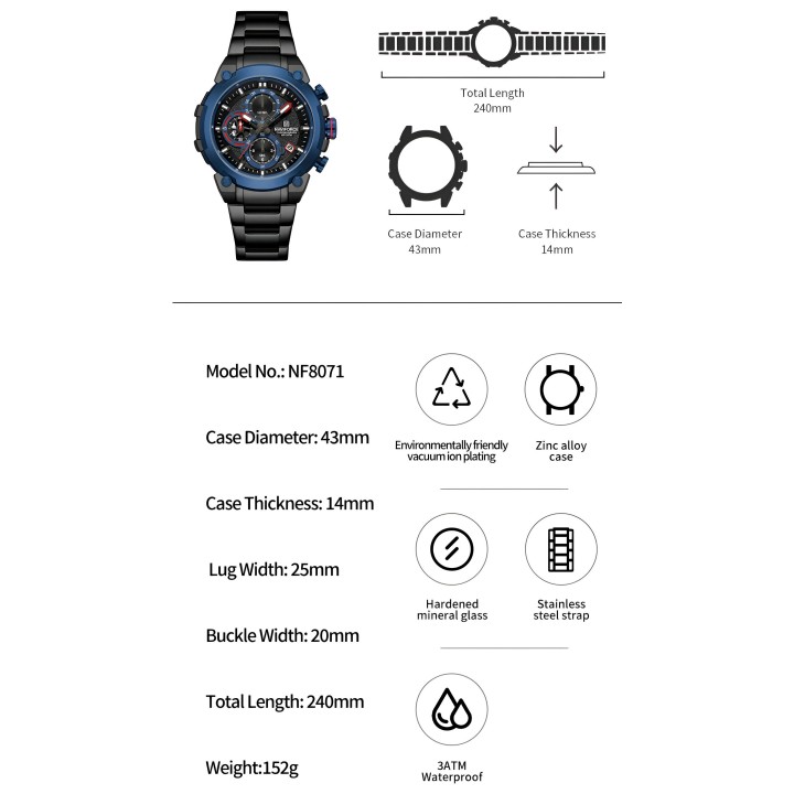 Reloj Naviforce Casual Nf8071 Crono Hombre Acero+ Estuche