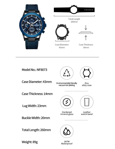 Reloj Naviforce Casual Nf8073 Crono Hombre Cuero + Estuche