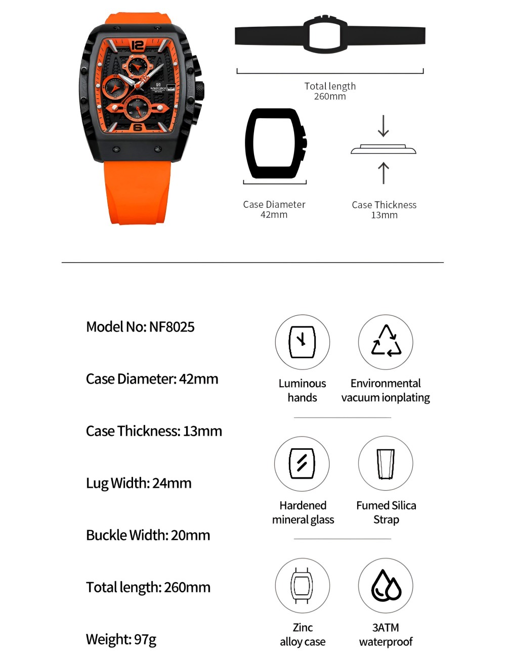 Reloj Naviforce Casual Nf8025 Crono Hombre Goma + Estuche