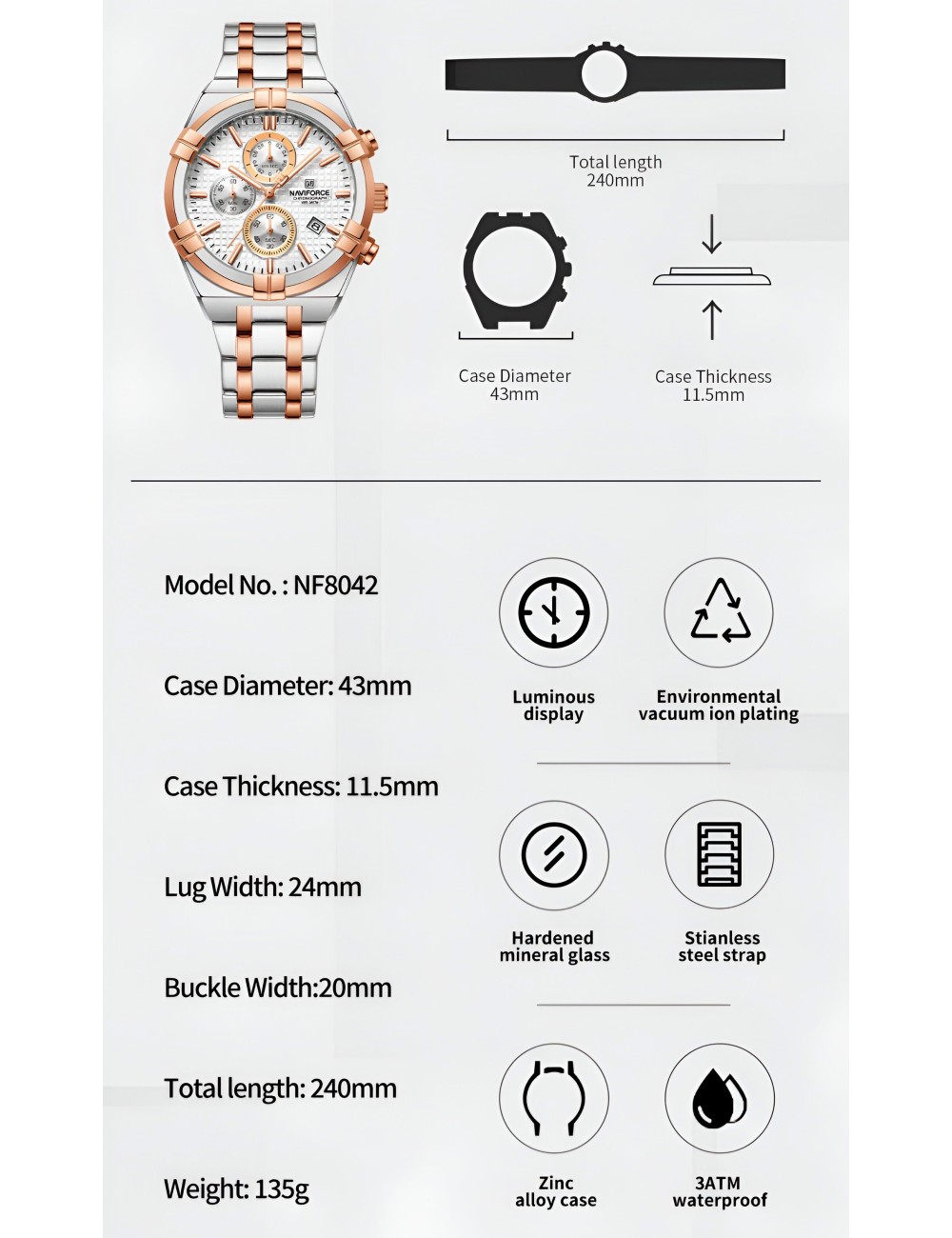 Reloj Naviforce Casual Nf8042 Crono Hombre Acero + Estuche