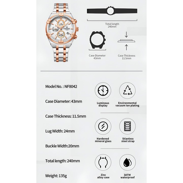 Reloj Naviforce Casual Nf8042 Crono Hombre Acero + Estuche