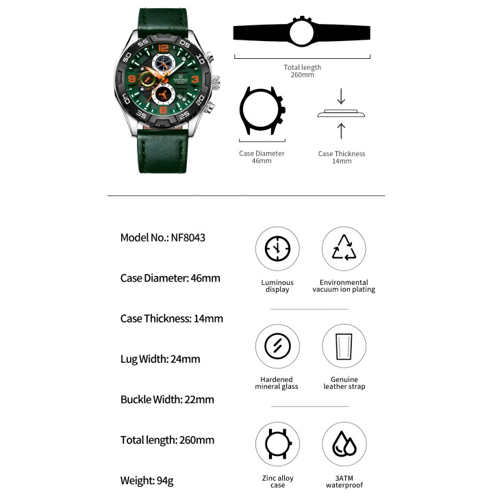 Reloj Naviforce Casual Nf8043 Crono Hombre Cuero + Estuche