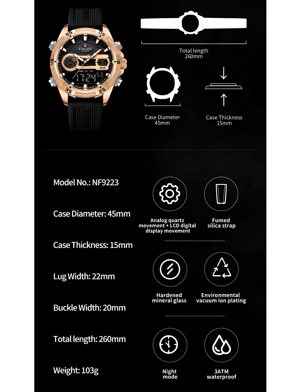 Reloj Naviforce Casual Nf9223 Crono Hombre Goma + Estuche