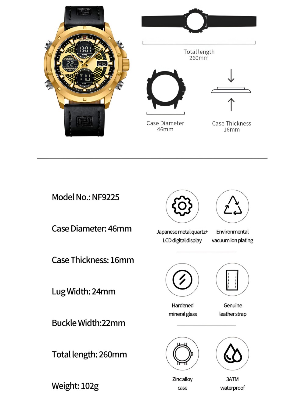 Reloj Naviforce Casual Nf9225 Crono Hombre Cuero + Estuche