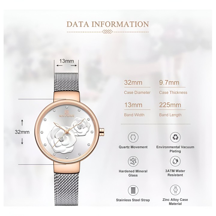Reloj Naviforce Casual Nf5013 Flor Mujer Acero + Estuche