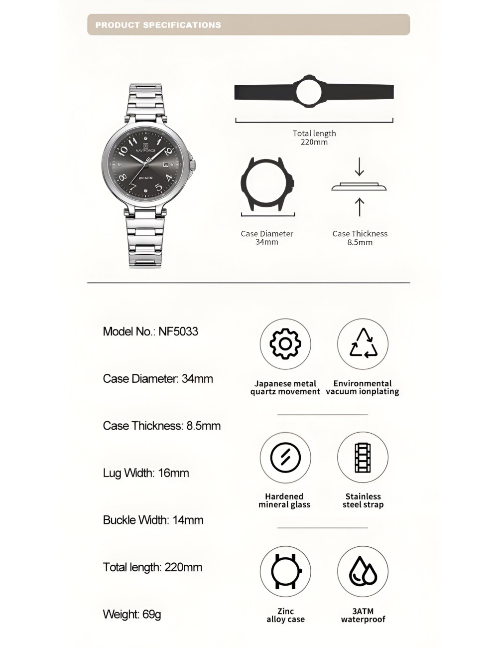 Reloj Naviforce Casual Nf5033 Mujer Acero + Estuche