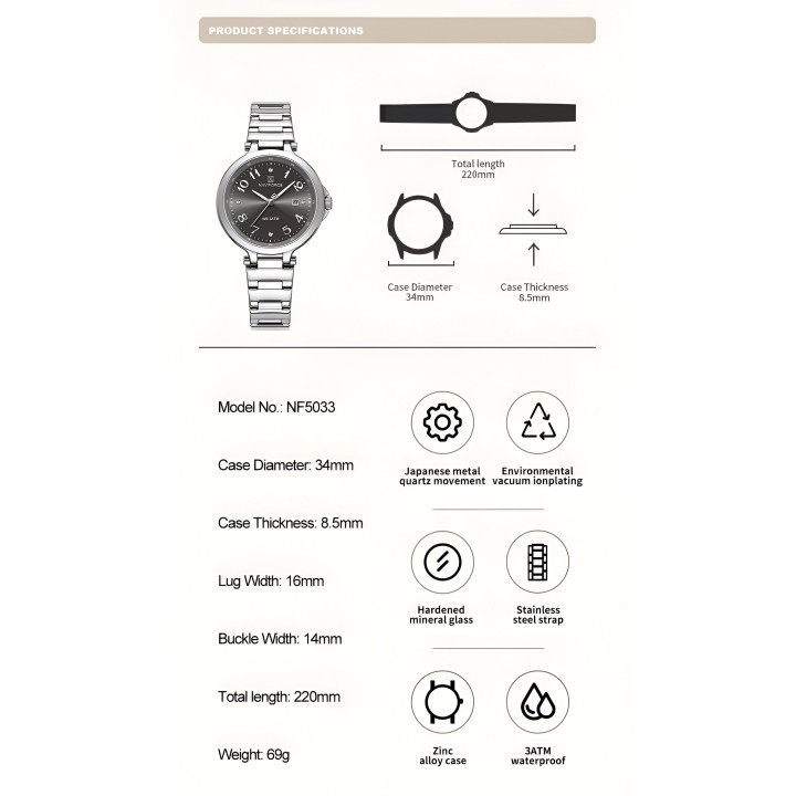 Reloj Naviforce Casual Nf5033 Mujer Acero + Estuche