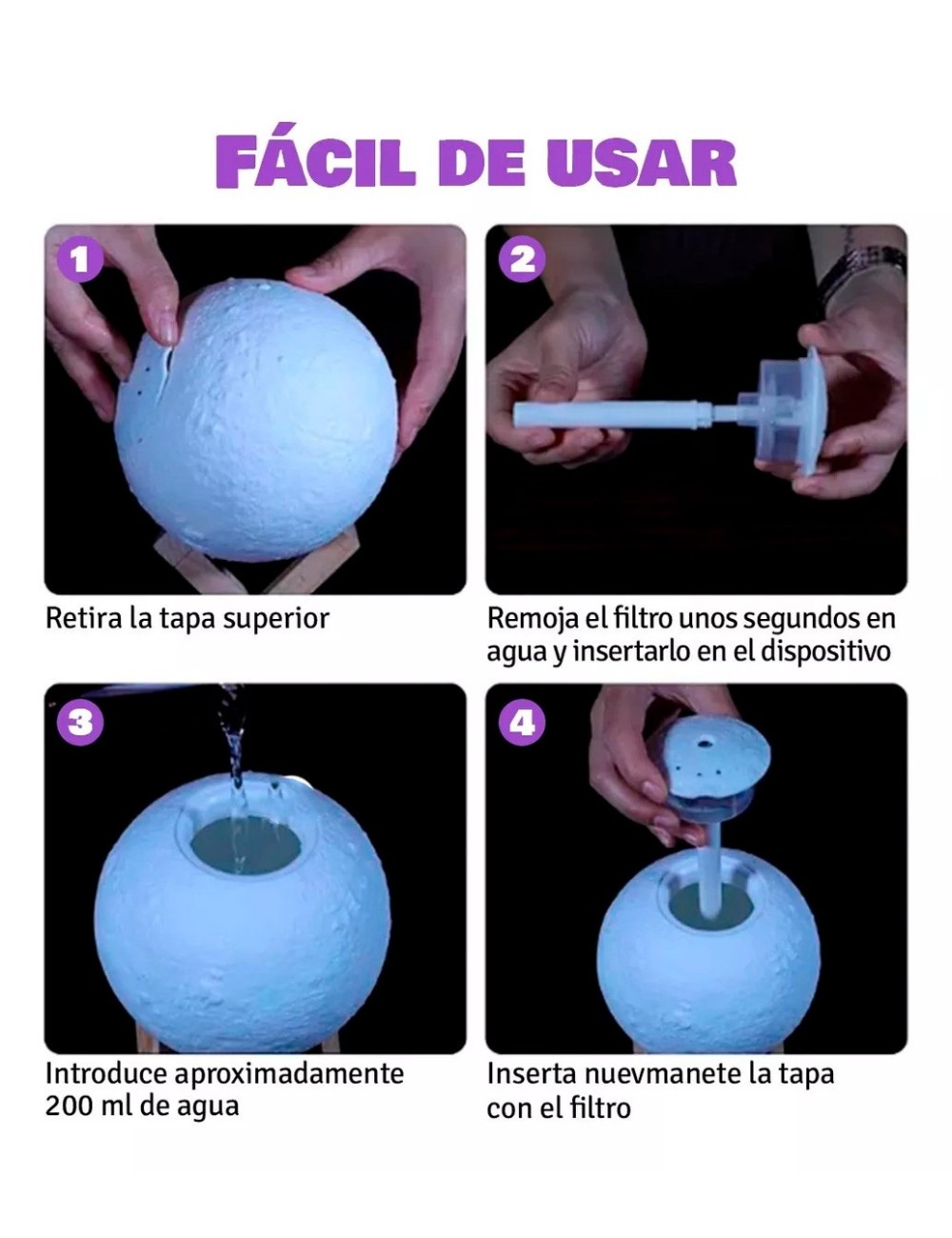 Humidificador Lámpara Luna Led Difusor Aroma Recargable