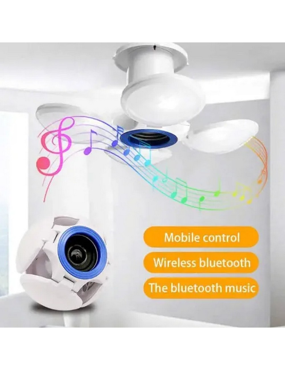 Foco Lámpara Bocina Led Rgb Bluetooth Control 4 Aspas Musica