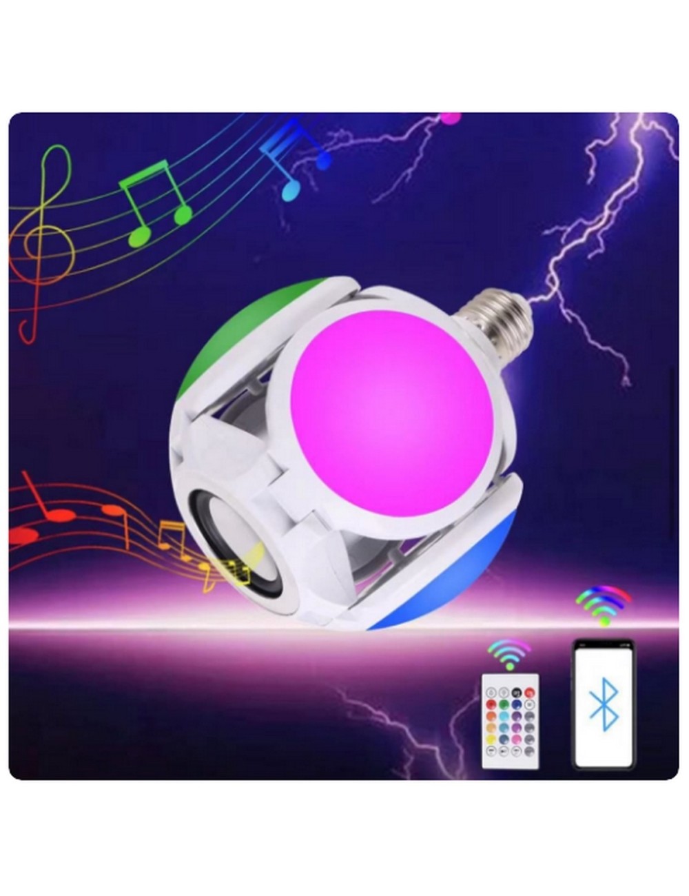 Foco Lámpara Bocina Led Rgb Bluetooth Control 4 Aspas Musica