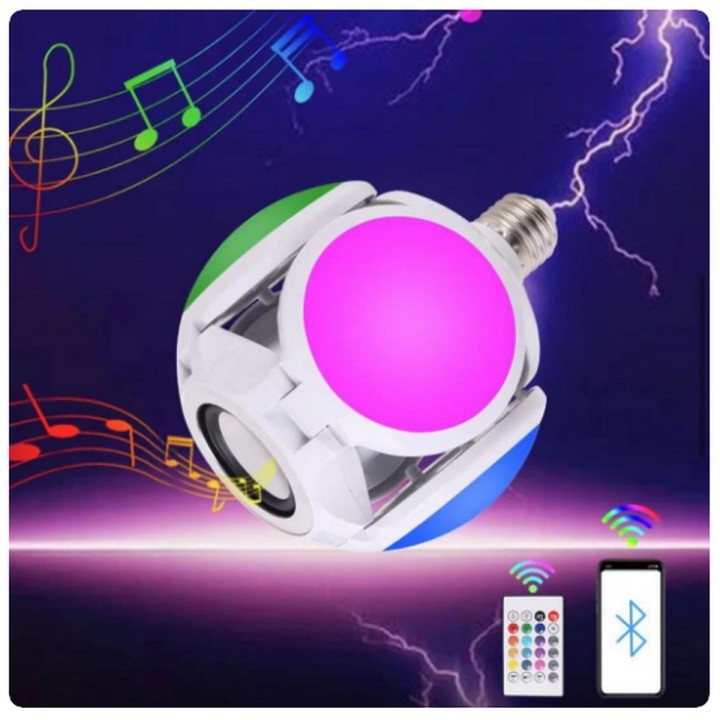 Foco Lámpara Bocina Led Rgb Bluetooth Control 4 Aspas Musica