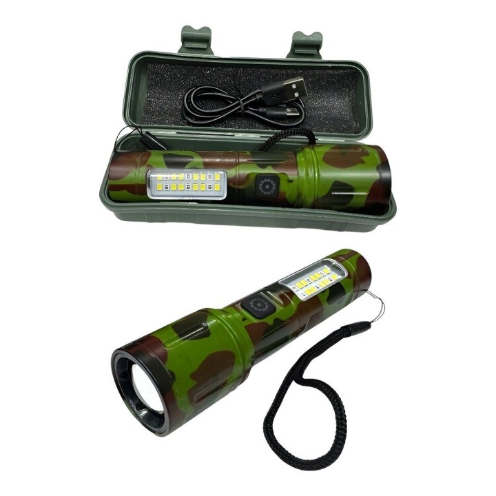 Linterna Recargable Led Portable Camuflado Militar Doble Luz