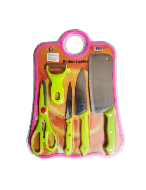 Set De Cuchillos 5pz Tijera Y Cortador Papa + Tabla De Picar