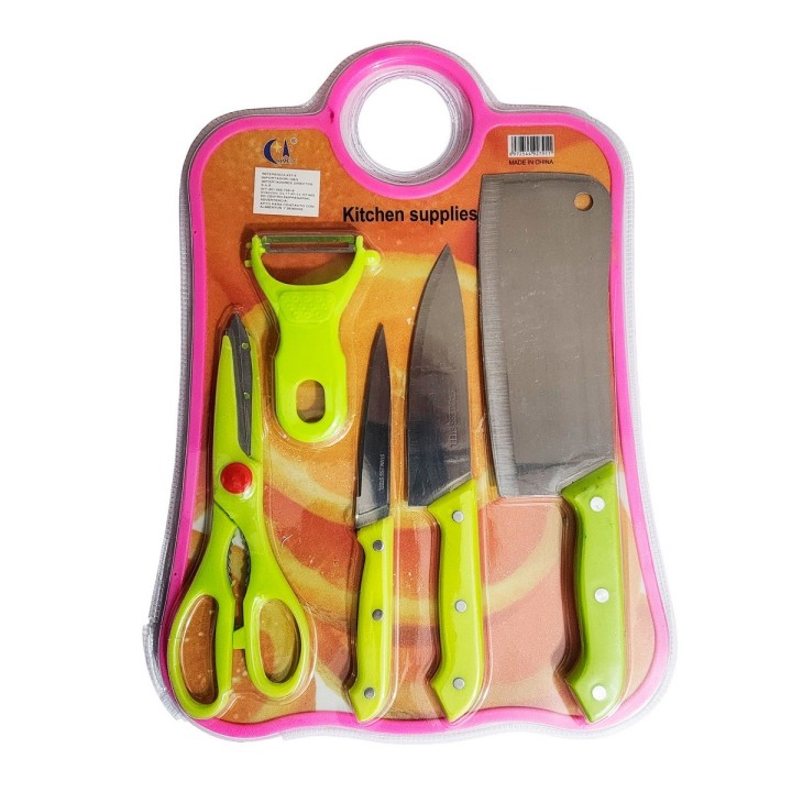 Set De Cuchillos 5pz Tijera Y Cortador Papa + Tabla De Picar