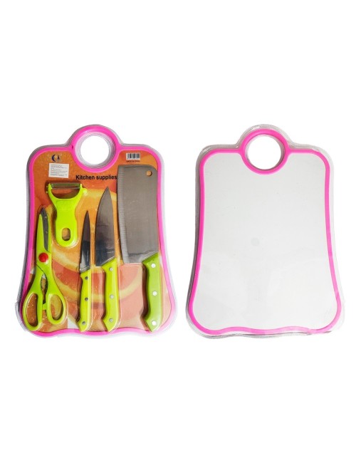 Set De Cuchillos 5pz Tijera Y Cortador Papa + Tabla De Picar