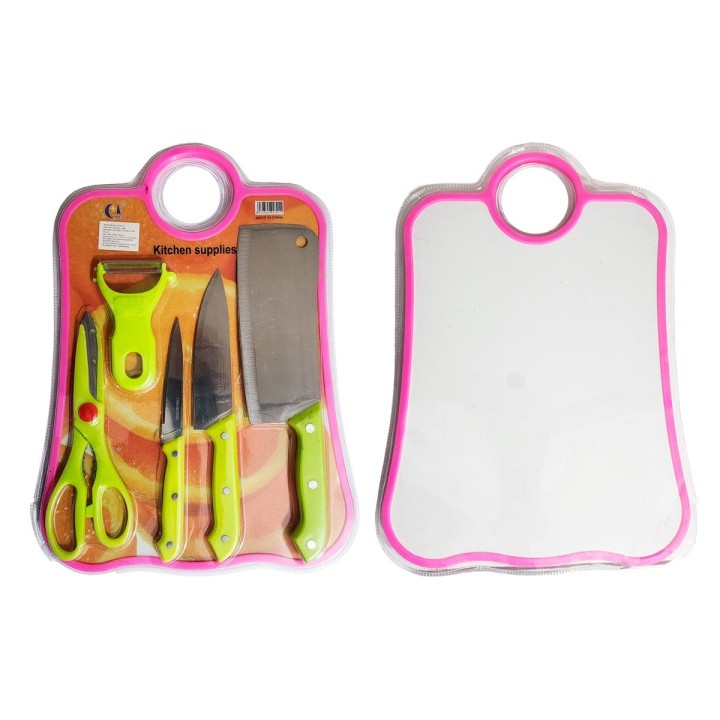 Set De Cuchillos 5pz Tijera Y Cortador Papa + Tabla De Picar