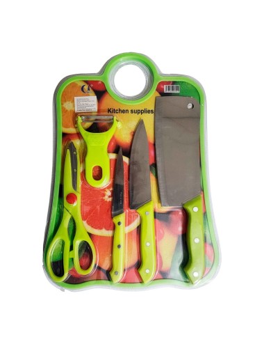 Set De Cuchillos 5pz Tijera Y Cortador Papa + Tabla De Picar