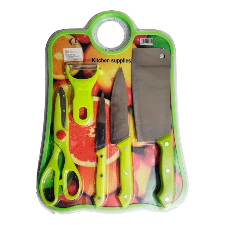 Set De Cuchillos 5pz Tijera Y Cortador Papa + Tabla De Picar