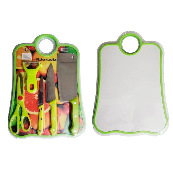 Set De Cuchillos 5pz Tijera Y Cortador Papa + Tabla De Picar