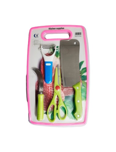 Set De Cuchillos 4pz Tijera Y Cortador Papa + Tabla De Picar