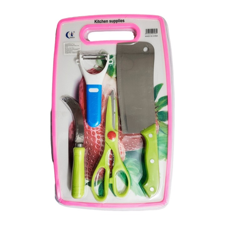 Set De Cuchillos 4pz Tijera Y Cortador Papa + Tabla De Picar