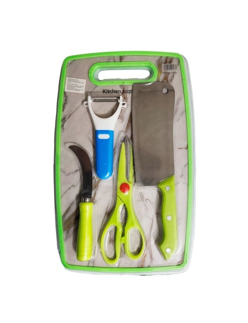 Set De Cuchillos 4pz Tijera Y Cortador Papa + Tabla De Picar