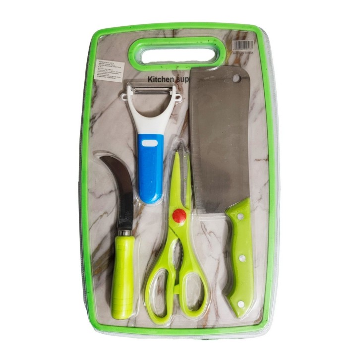 Set De Cuchillos 4pz Tijera Y Cortador Papa + Tabla De Picar