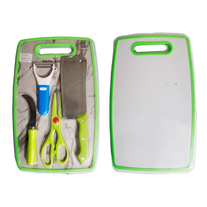 Set De Cuchillos 4pz Tijera Y Cortador Papa + Tabla De Picar