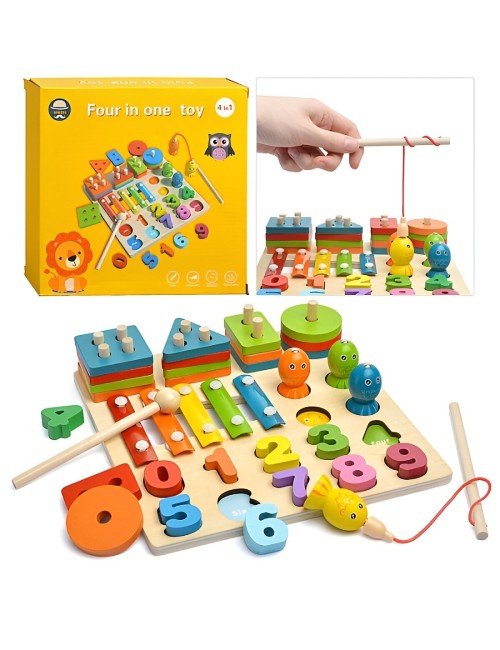 Juego De Mesa 4 En 1 Encastre Pesca Xilofono Apilado Niños