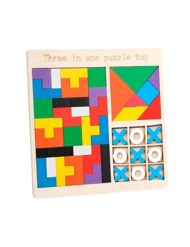 Juego De Mesa Madera 3 En 1 Tangram Triqui Geometrico