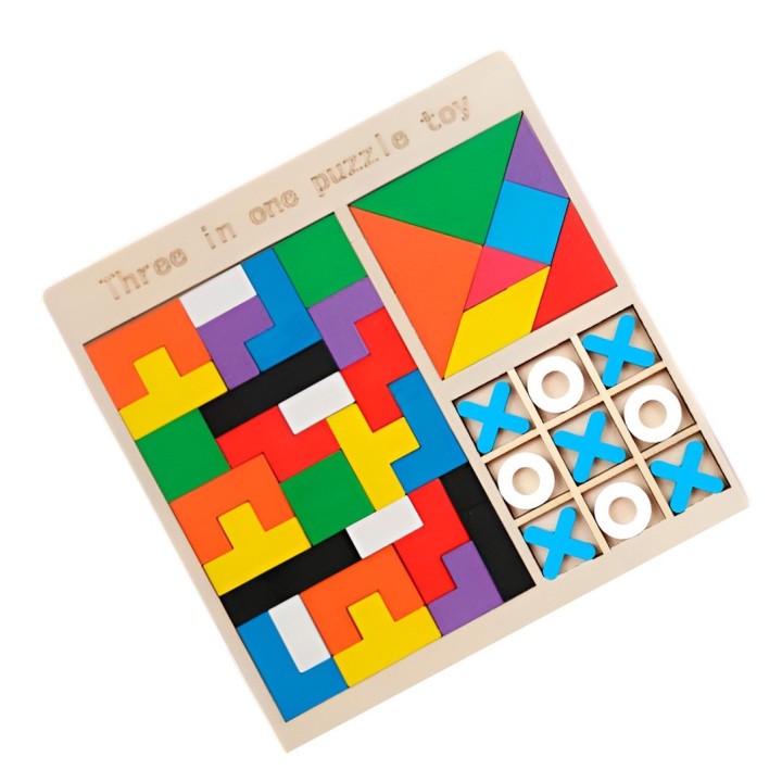 Juego De Mesa Madera 3 En 1 Tangram Triqui Geometrico