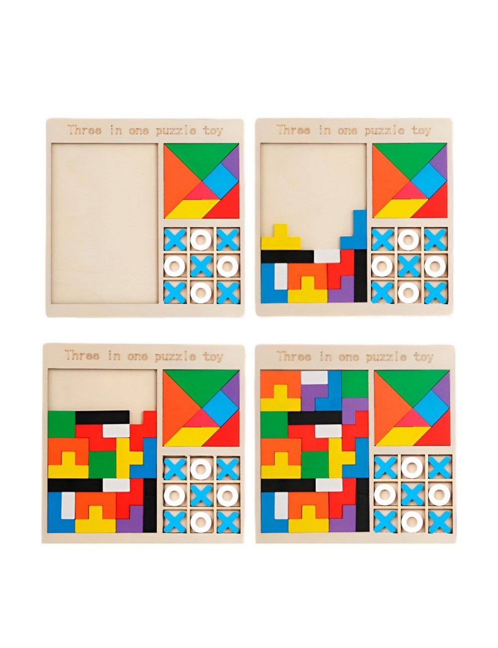 Juego De Mesa Madera 3 En 1 Tangram Triqui Geometrico