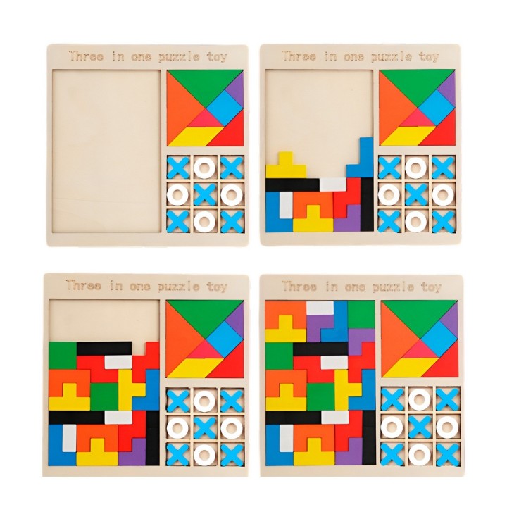 Juego De Mesa Madera 3 En 1 Tangram Triqui Geometrico