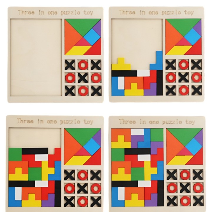 Juego De Mesa Madera 3 En 1 Tangram Triqui Geometrico