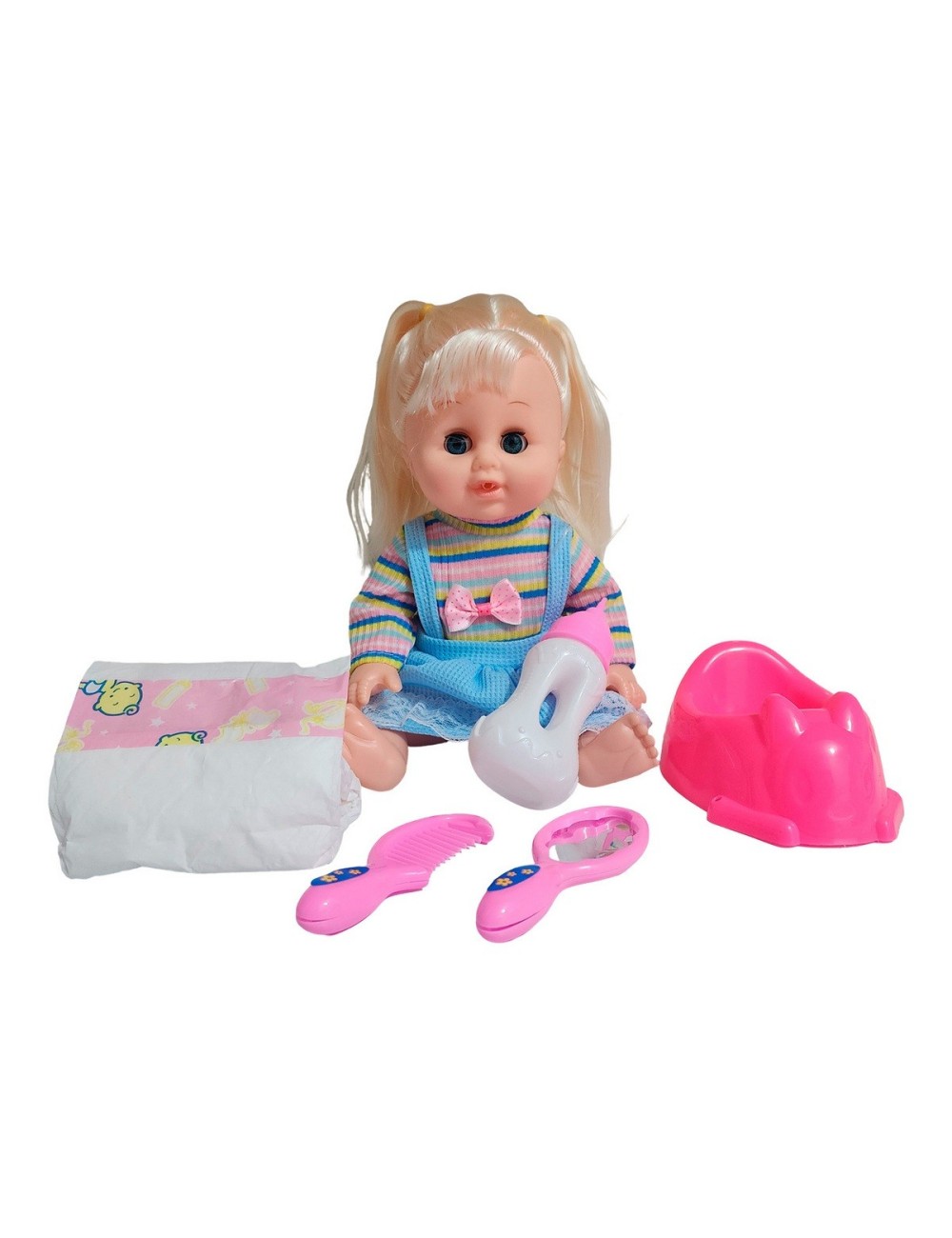 Muñeca Bebe Vestido Con Pañal Bacinilla + Accesorios Belleza