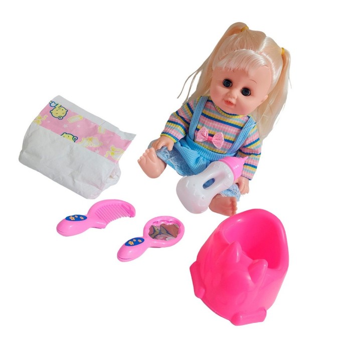 Muñeca Bebe Vestido Con Pañal Bacinilla + Accesorios Belleza