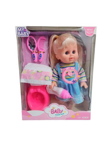 Muñeca Bebe Vestido Con Pañal Bacinilla + Accesorios Belleza