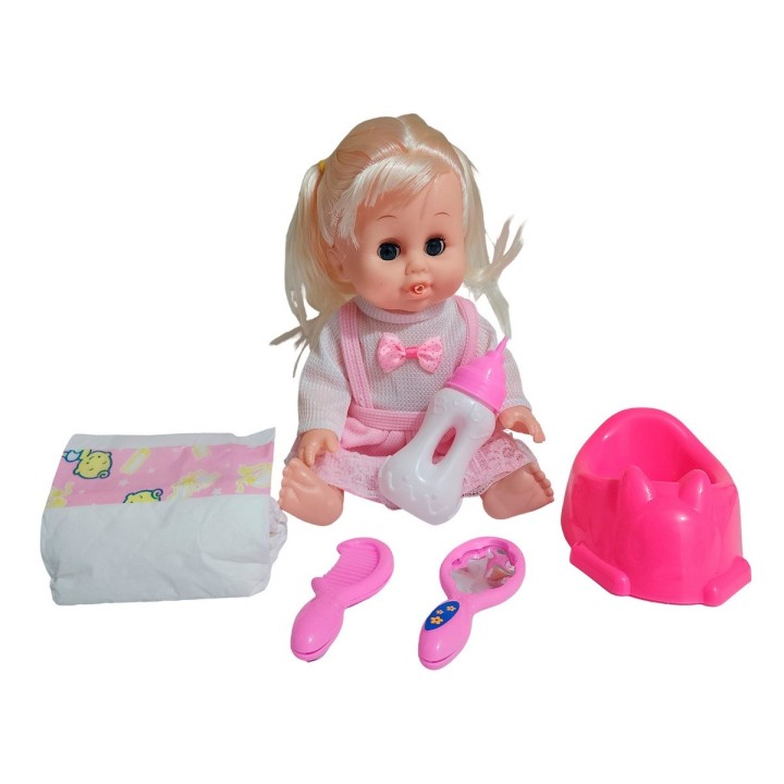 Muñeca Bebe Vestido Con Pañal Bacinilla + Accesorios Belleza
