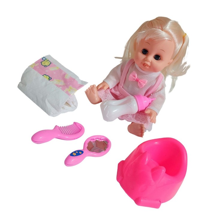 Muñeca Bebe Vestido Con Pañal Bacinilla + Accesorios Belleza