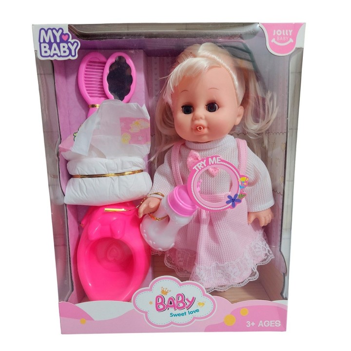 Muñeca Bebe Vestido Con Pañal Bacinilla + Accesorios Belleza