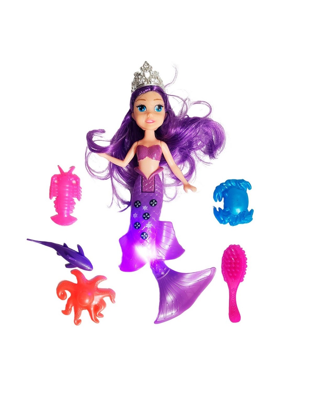 Muñeca Princesa Sirena Con Peine + Animales Marinos Juguete