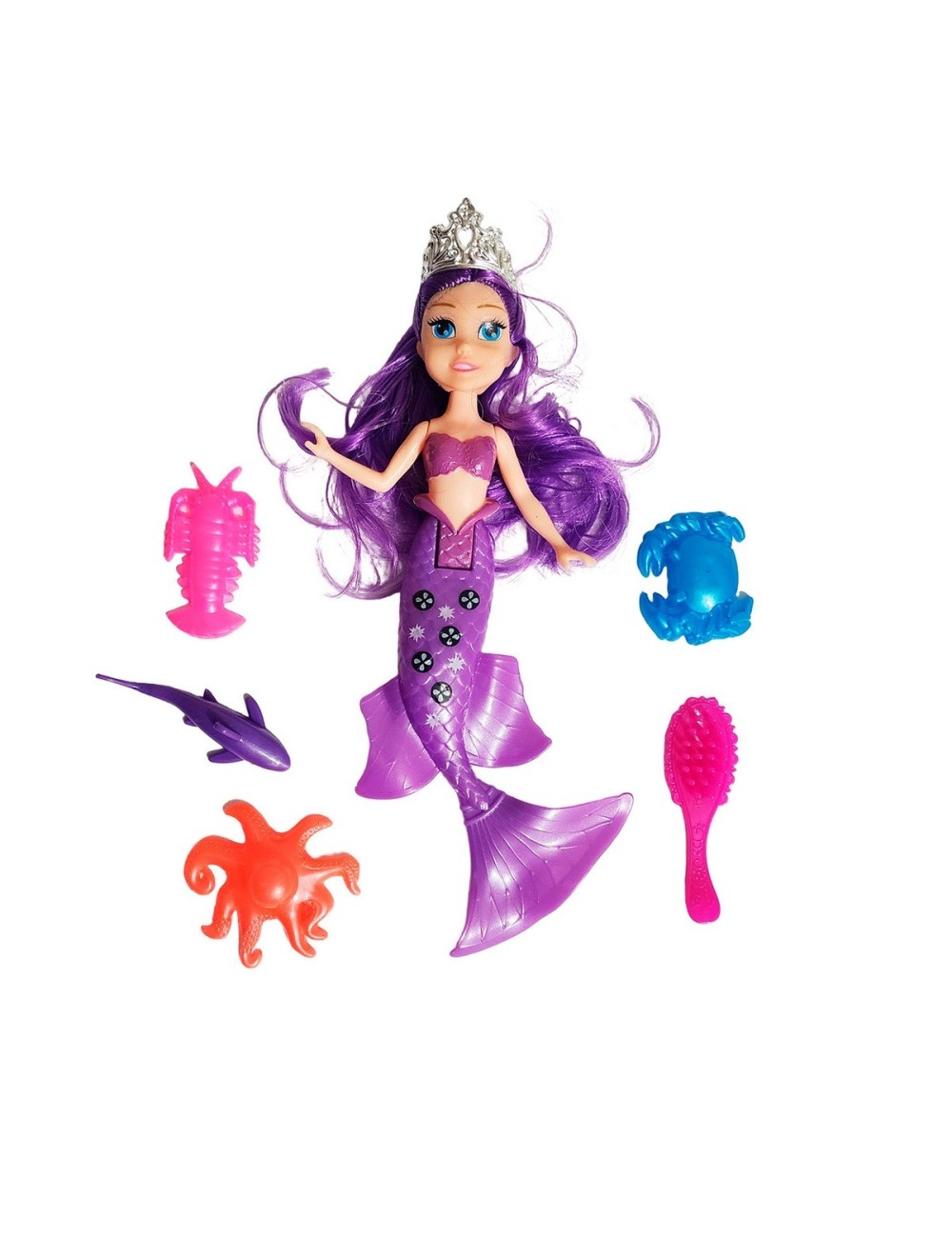 Muñeca Princesa Sirena Con Peine + Animales Marinos Juguete