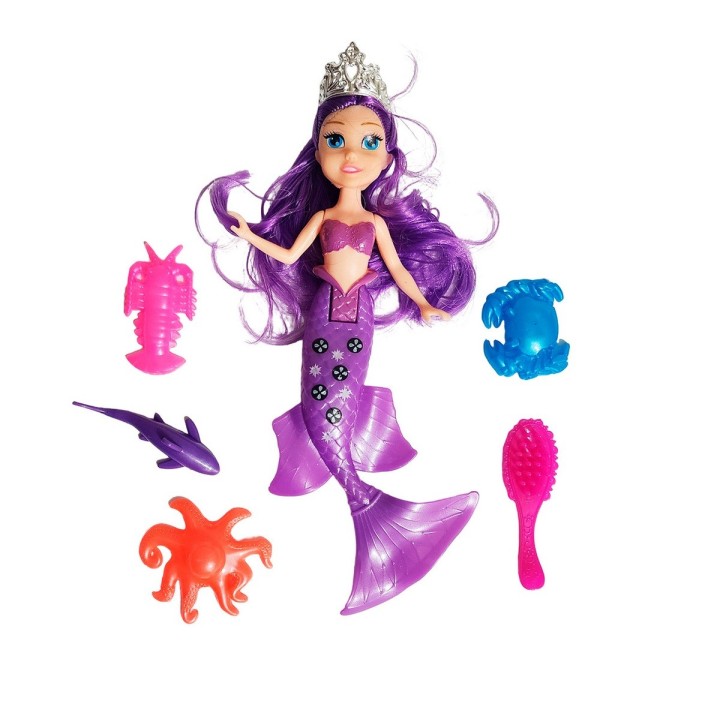 Muñeca Princesa Sirena Con Peine + Animales Marinos Juguete