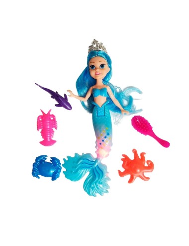 Muñeca Princesa Sirena Con Peine + Animales Marinos Juguete