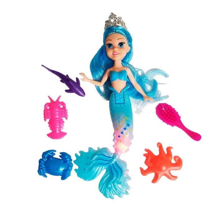 Muñeca Princesa Sirena Con Peine + Animales Marinos Juguete