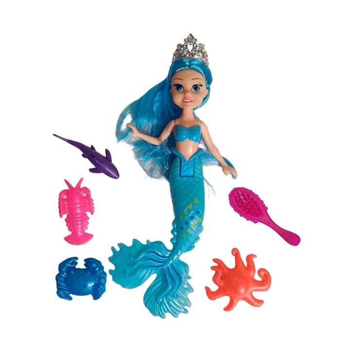 Muñeca Princesa Sirena Con Peine + Animales Marinos Juguete