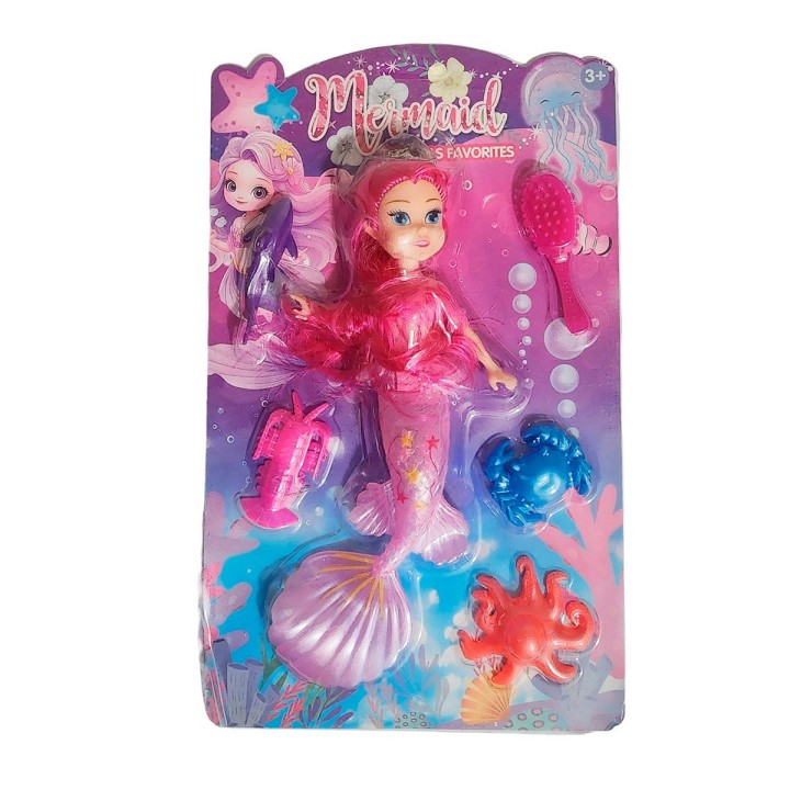 Muñeca Princesa Sirena Con Peine + Animales Marinos Juguete